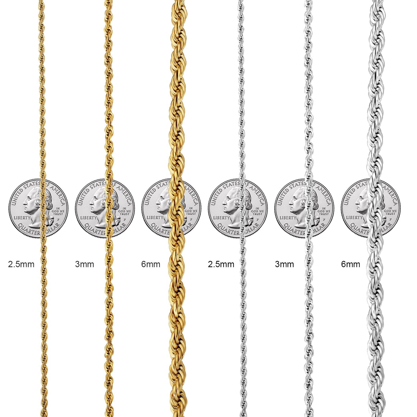 Wholesale Rope Chain 2.5mm Stainless steel with 18k gold plating