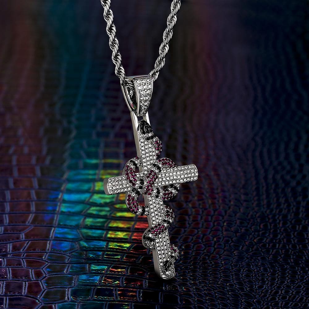 KRKC Iced Out Twisted Coral Snake Cross Necklace, White Gold Cross Pendant Hip Hop Jewelry Wholesale