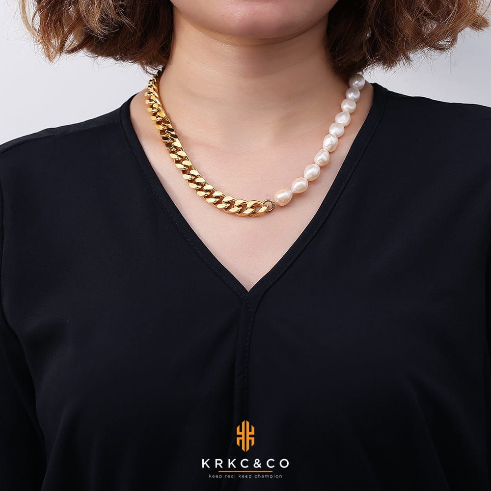 Hip Hop Necklaces Wholesale Irregular Freshwater Pearl Pendants Necklace With Stainless Steel Cuban Link Choker