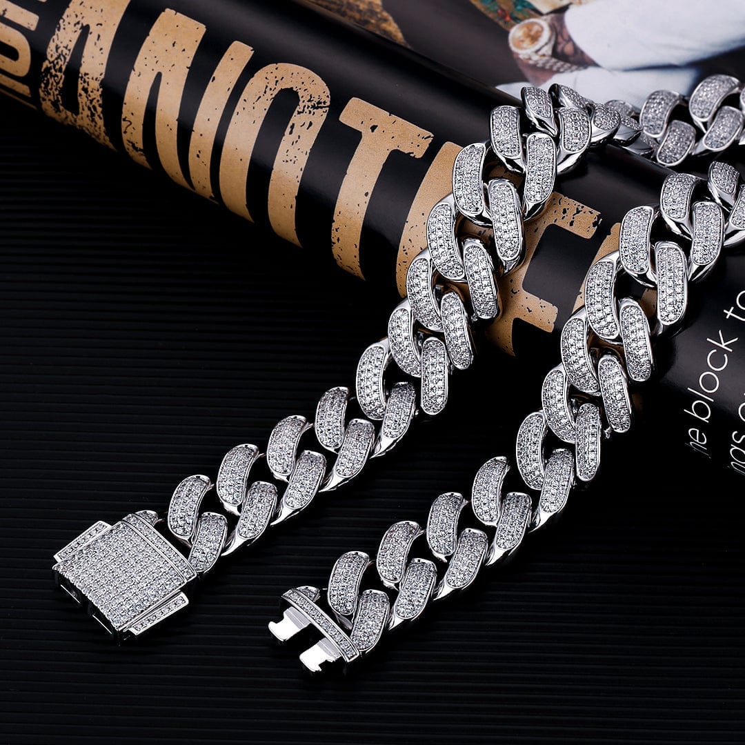 S925 Sterling Silver Iced Out Diamond Cuban Link Chain 18mm in White Gold