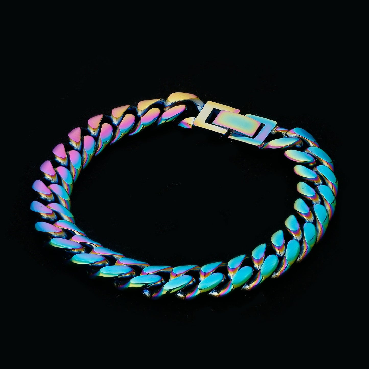 Wholesale Men Cuban Link Bracelet  Miami Stainless Steel 10mm Rainbow PVD Plated