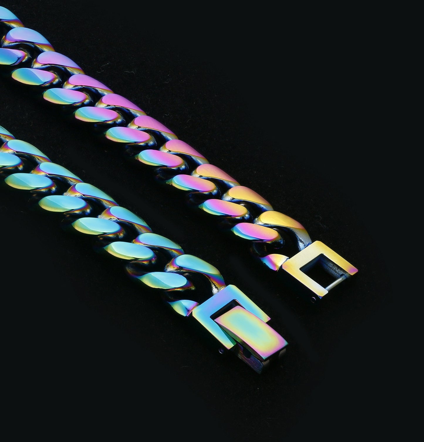 Wholesale Hip Hop Gold Chains 10mm Rainbow Cuban Chain Jewelry Set In Stainless Steel Plated Gold