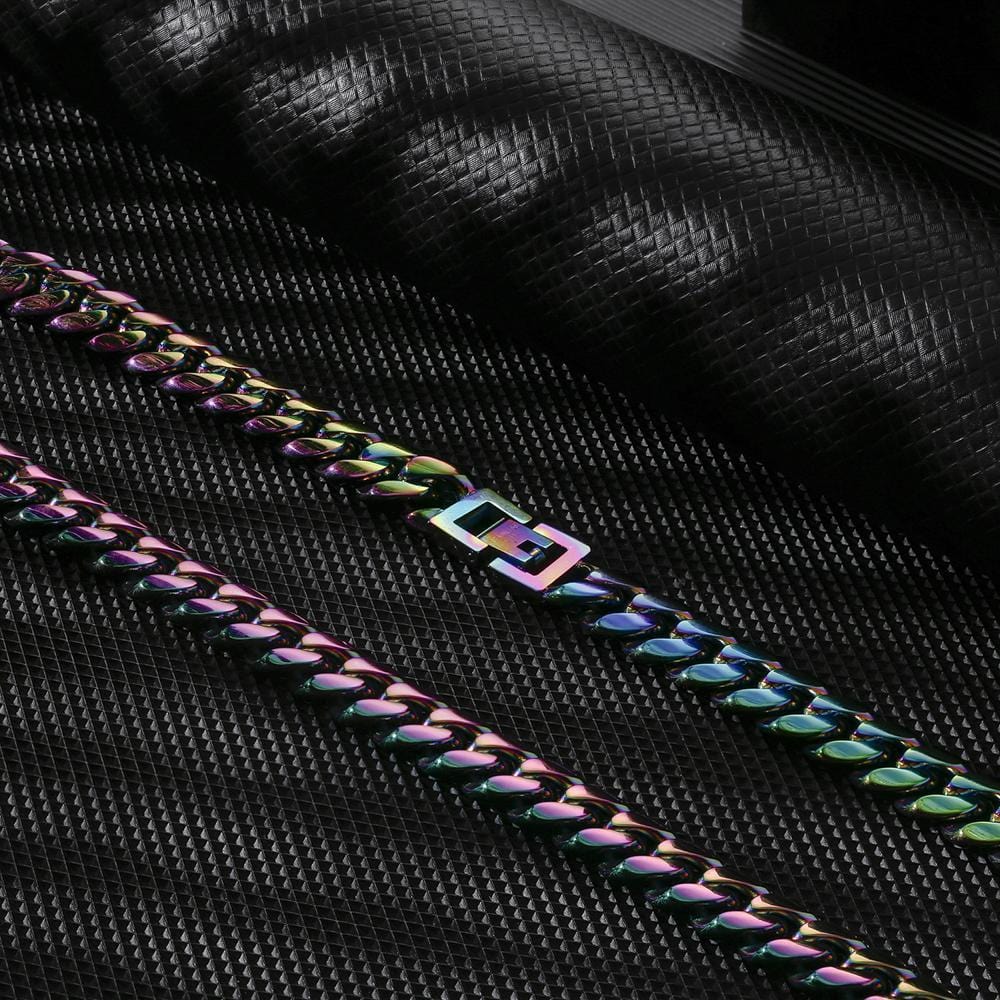 Wholesale Hip Hop Gold Chains 10mm Rainbow Cuban Chain Jewelry Set In Stainless Steel Plated Gold