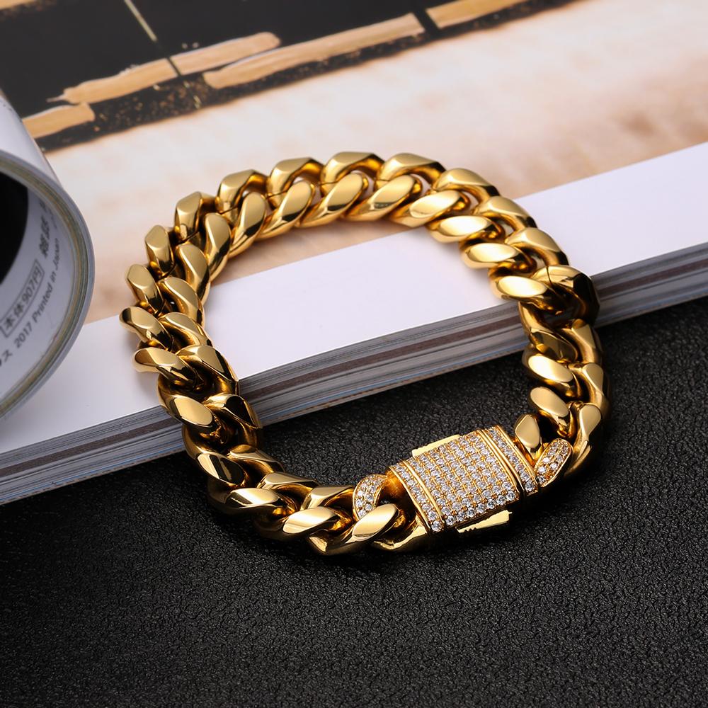 Wholesale Mens Miami Cuban Link Bracelet 12mm Iced Out in 18K Gold