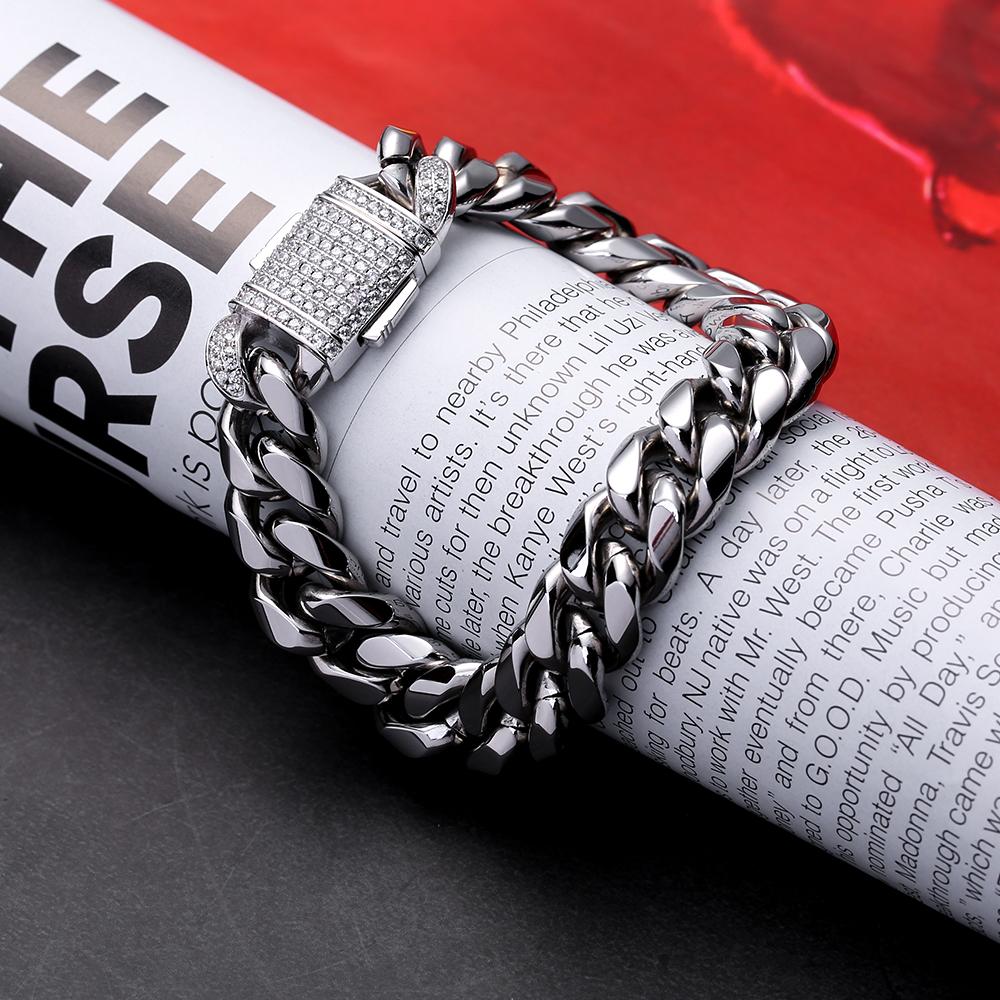 Wholesale Mens Miami Cuban Link Bracelet 12mm Iced Out in White Gold