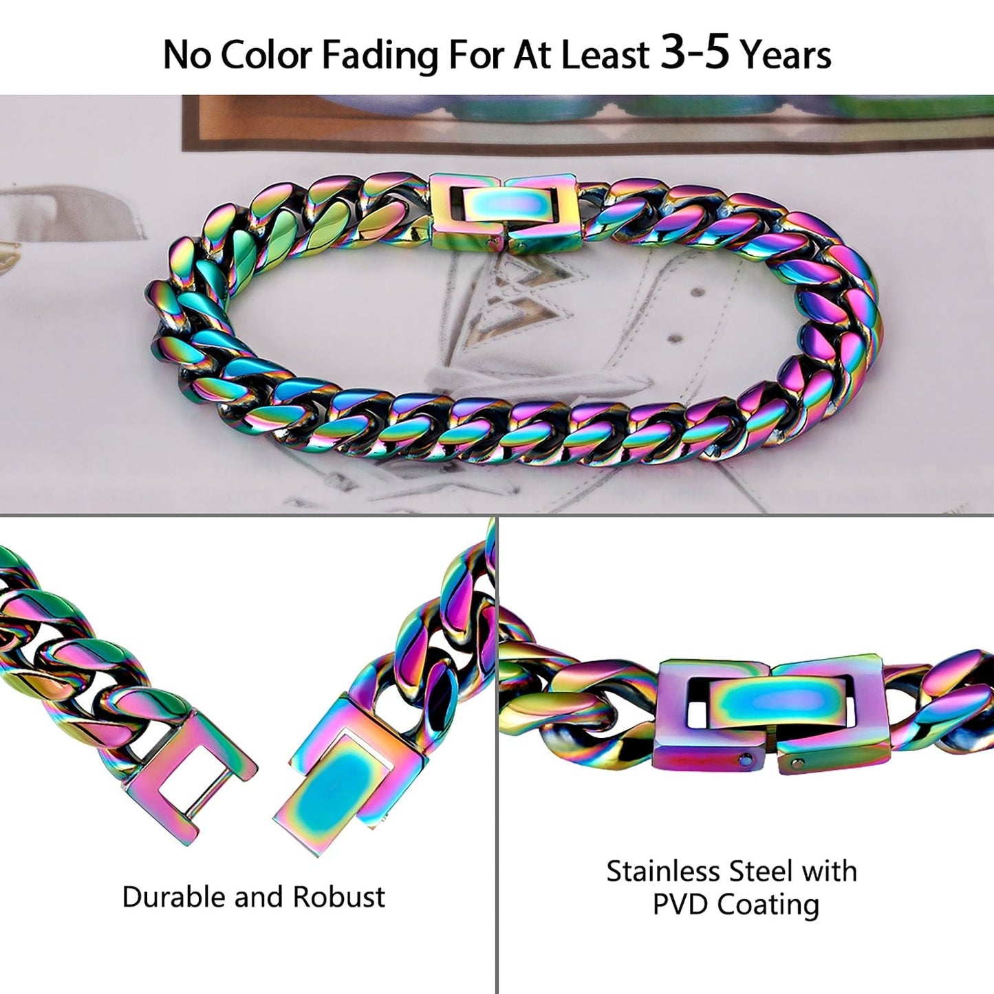 Wholesale Men Cuban Link Bracelet  Miami Stainless Steel 10mm Rainbow PVD Plated