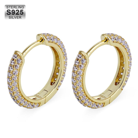 Wholesale 925 Sterling Silver Hoop Earrings Hip Hop Earrings 15mm Iced Out CZ Diamond Plated 14k Gold