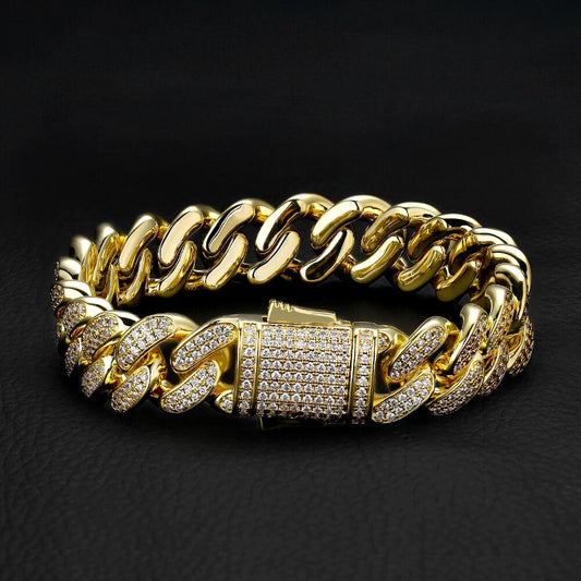 Wholesale KRKC 12mm Iced Out Mens Cuban Link Bracelet in 14K Gold