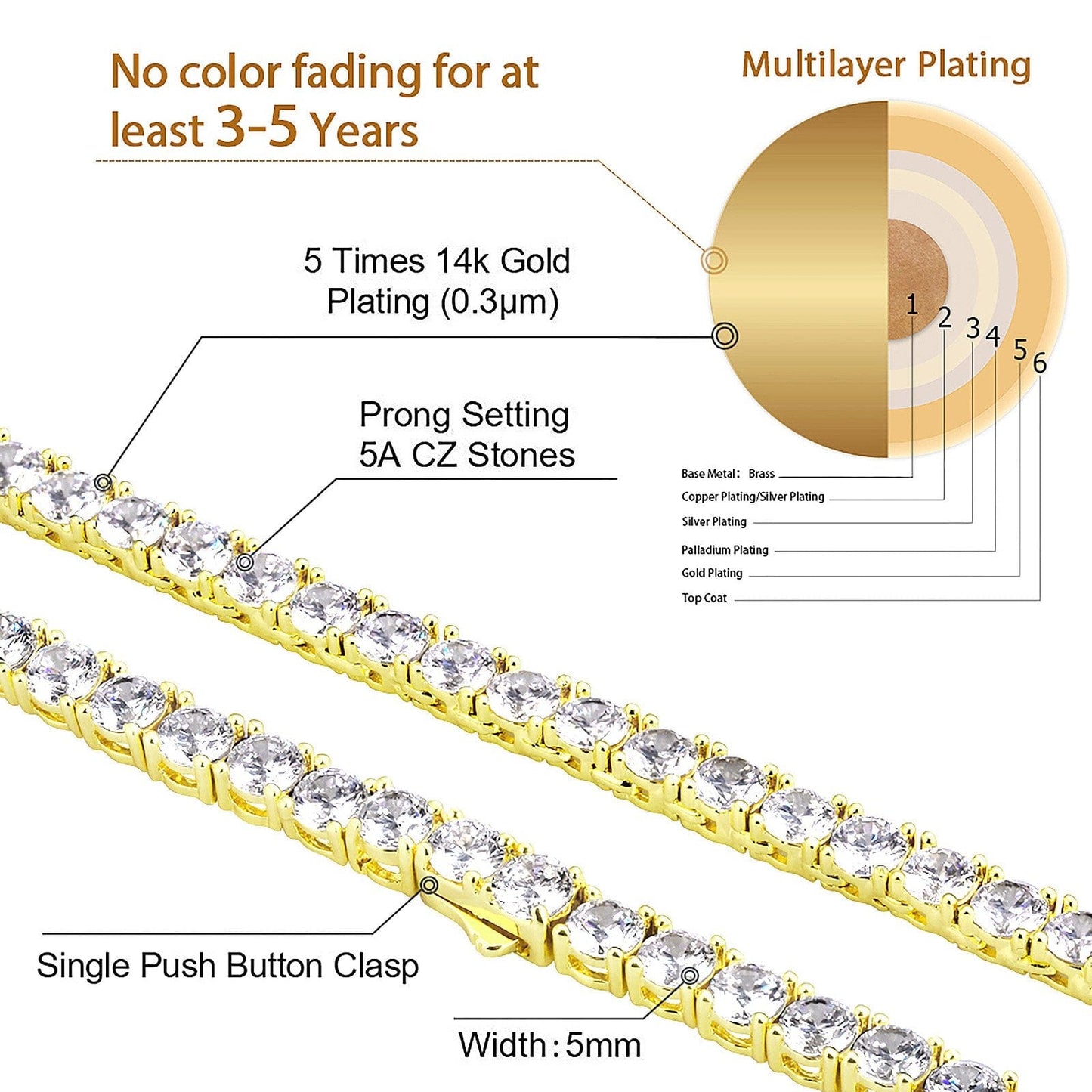 Wholesale Tennis Chain 5mm Iced Out Diamond Plated 14K Gold