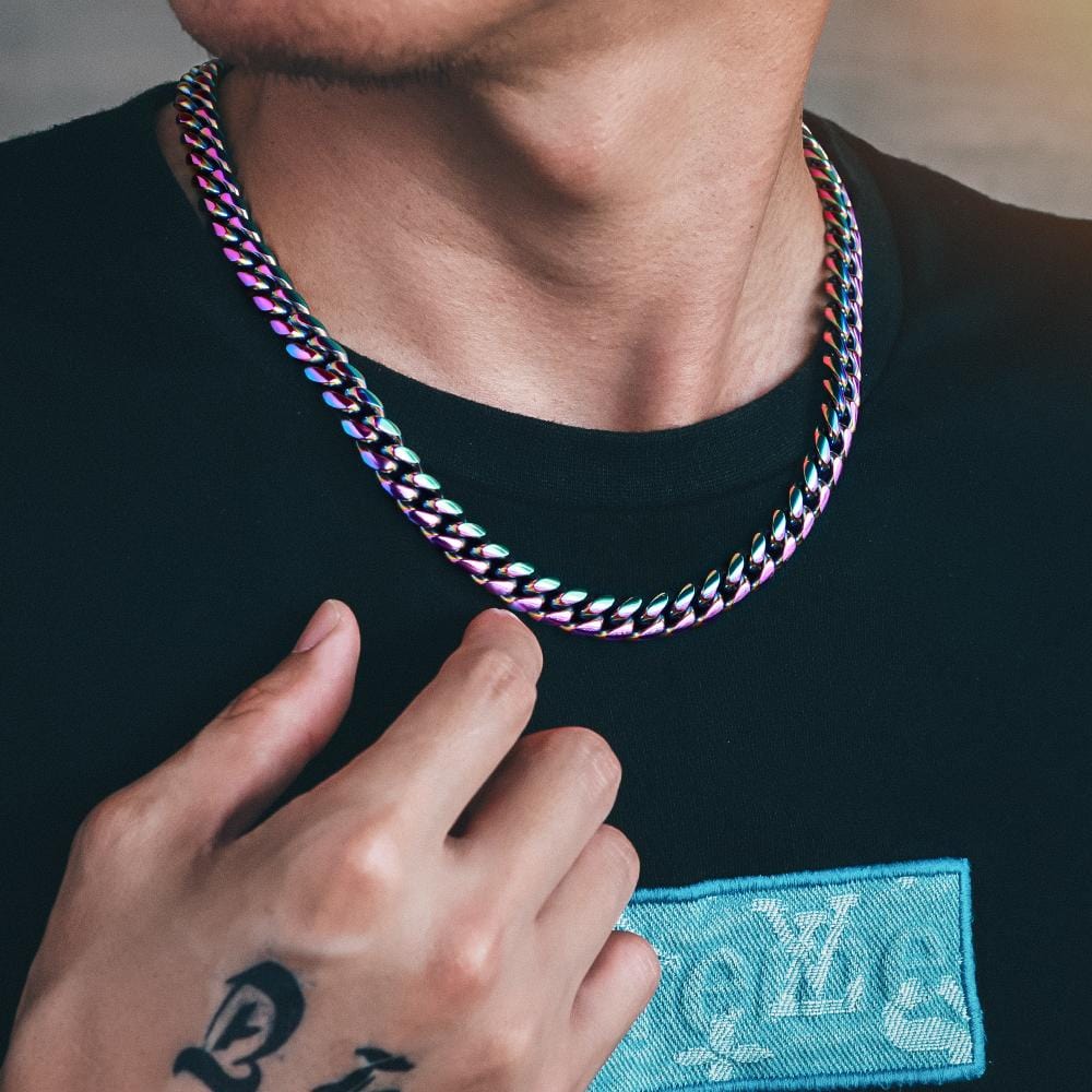 Wholesale Hip Hop Gold Chains 10mm Rainbow Cuban Chain Jewelry Set In Stainless Steel Plated Gold