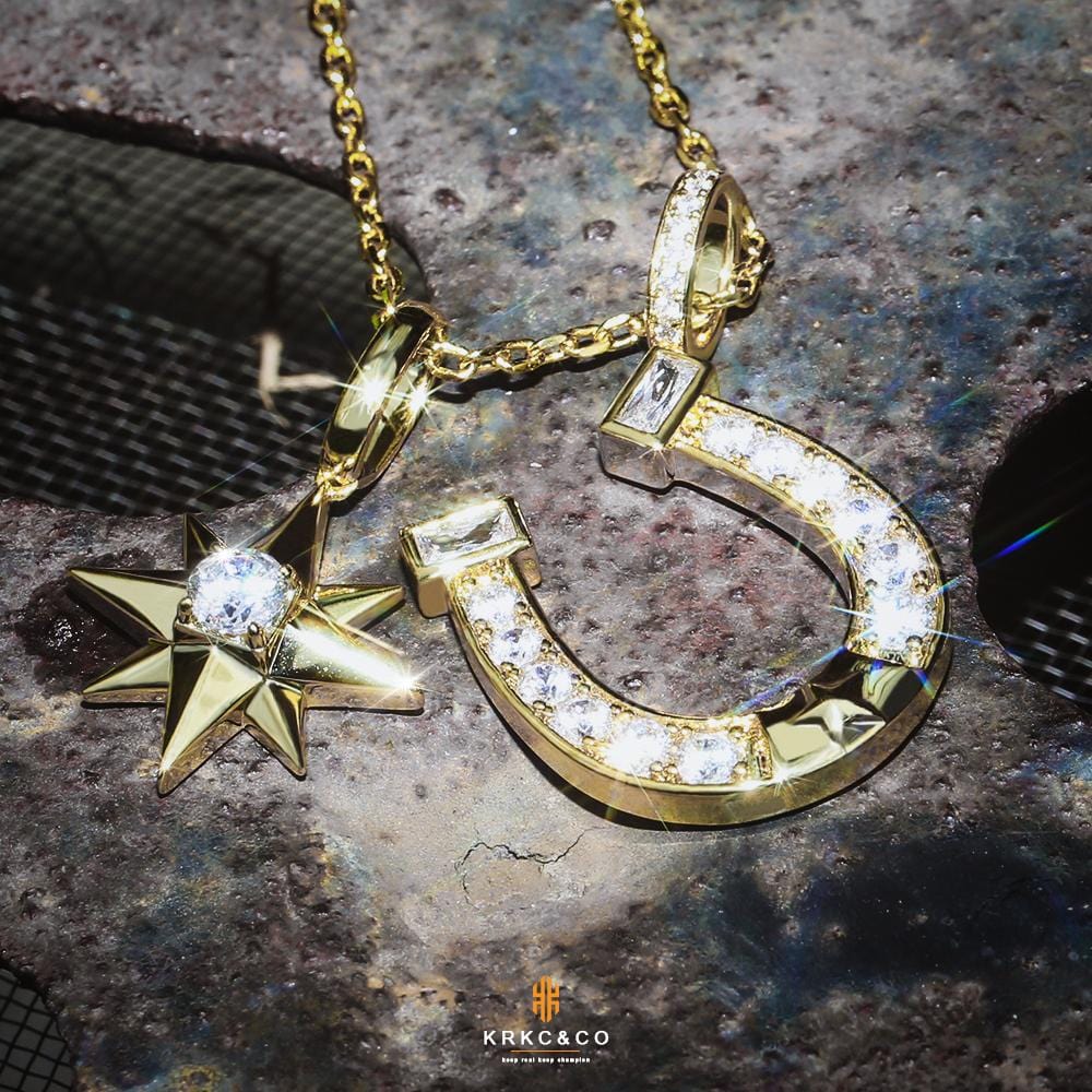 Wholesale Hip Hip Custom Pendants Iced Six-Point Star Horseshoe Necklace Pendant Plated 14k Gold