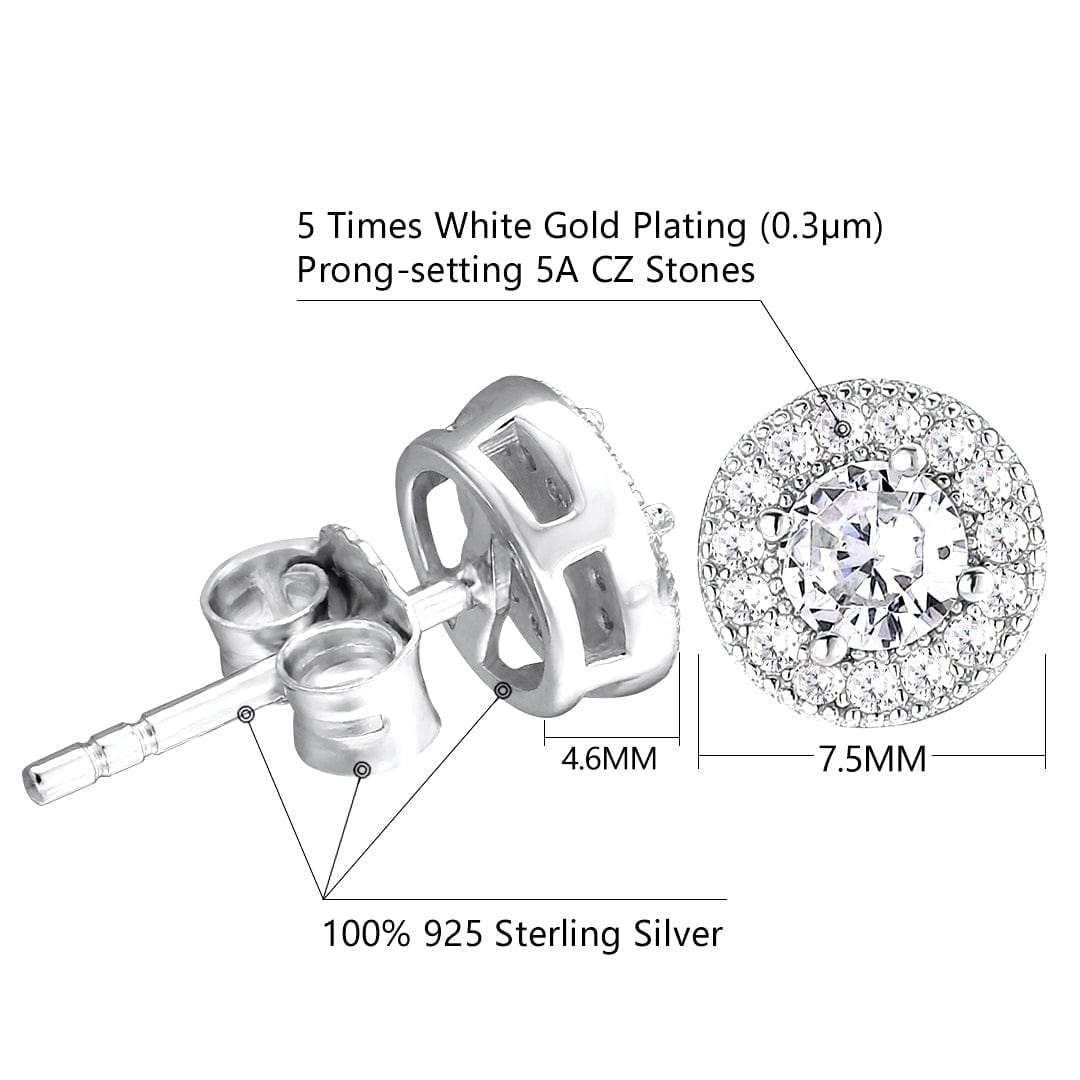 Wholesale 925 Sterling Silver Hip Hop Stud Earrings Diamond Earrings Round Square 7.5mm CZ Diamond Earrings Gold Fashion Jewelry