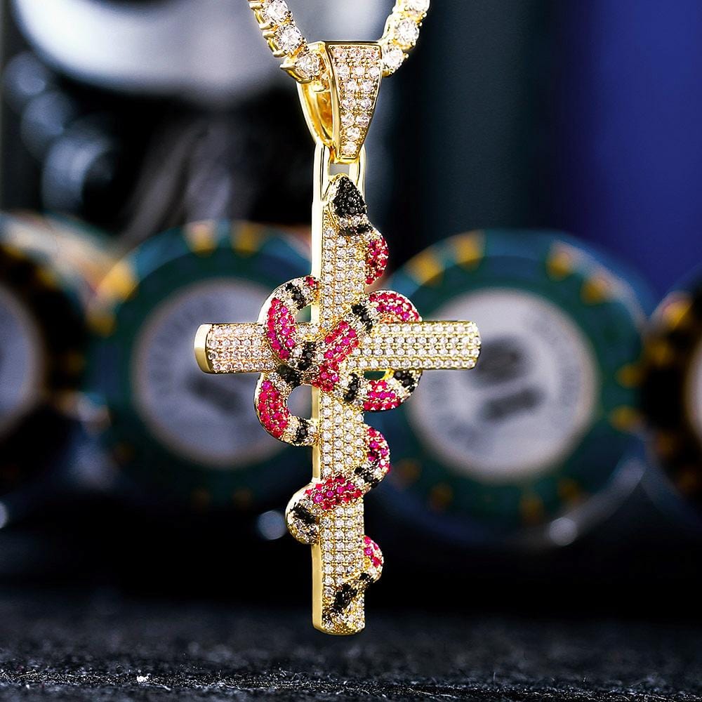 KRKC Iced Out Twisted Coral Snake Cross Necklace, 14K Gold Cross Pendant Hip Hop Jewelry Wholesale