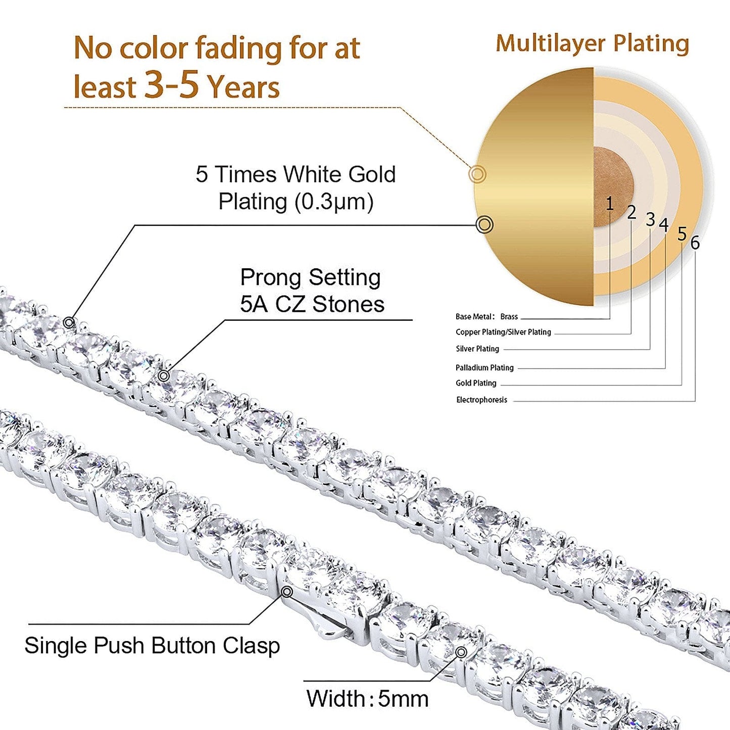 Wholesale 5mm Tennis Chain With Diamond CZ Plated White Gold