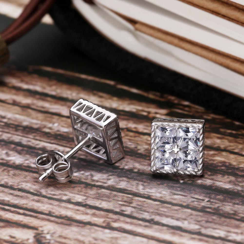 Wholesale 925 Sterling Silver Stud Earrings Hip Hop Earrings Princess Cut Diamond CZ Square Stud Men's Earrings