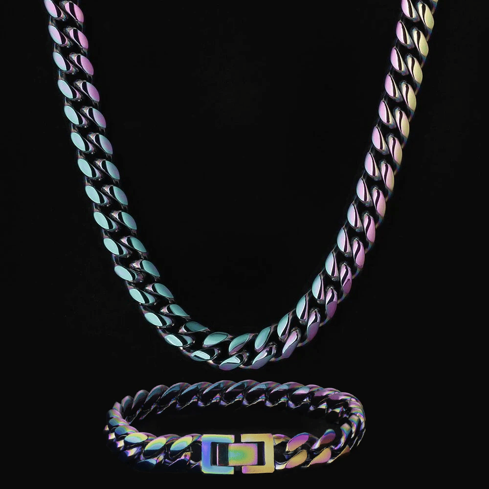 Wholesale Hip Hop Gold Chains 10mm Rainbow Cuban Chain Jewelry Set In Stainless Steel Plated Gold