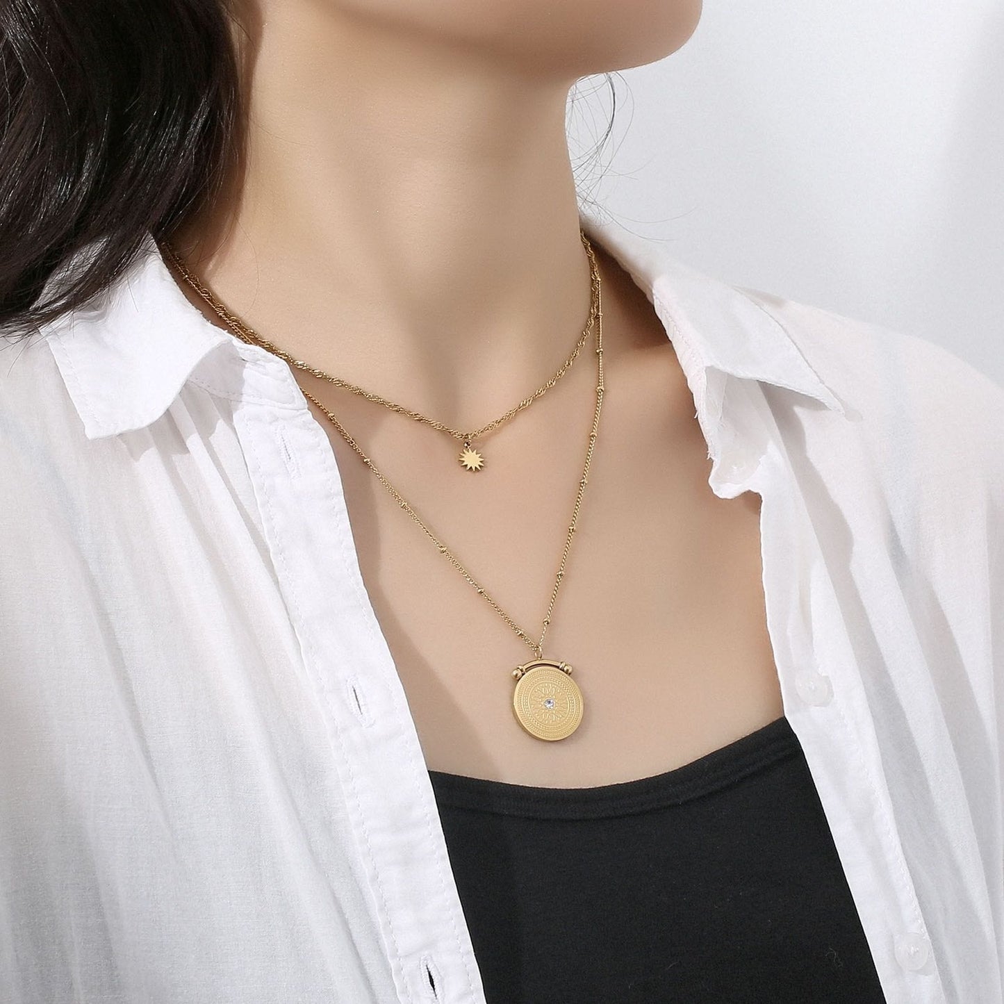 Wholesale Pendant Gold Layered Necklace | Star Pendant Twist Chain, Round Pendant Bead Necklace