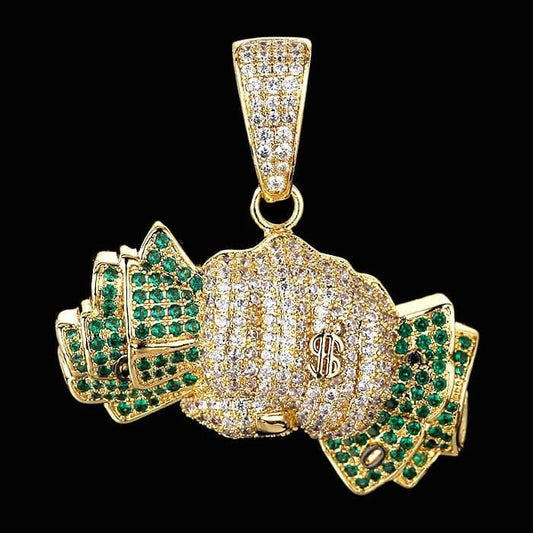 Wholesale Hip Hip Custom Pendants Holding Dollars Necklace Pendant Iced Out Green CZ Diamond Plated 14K Gold