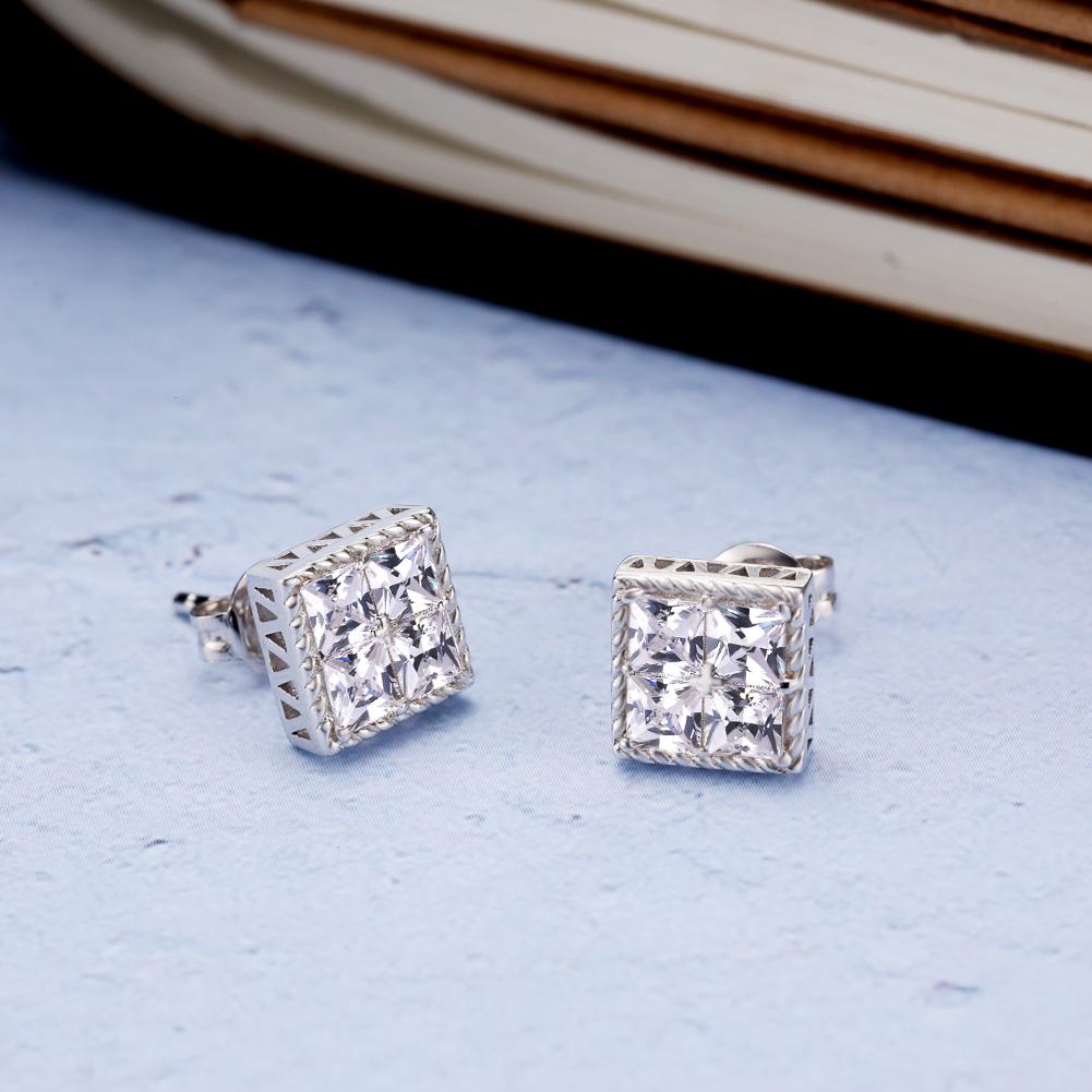 Wholesale 925 Sterling Silver Stud Earrings Hip Hop Earrings Princess Cut Diamond CZ Square Stud Men's Earrings