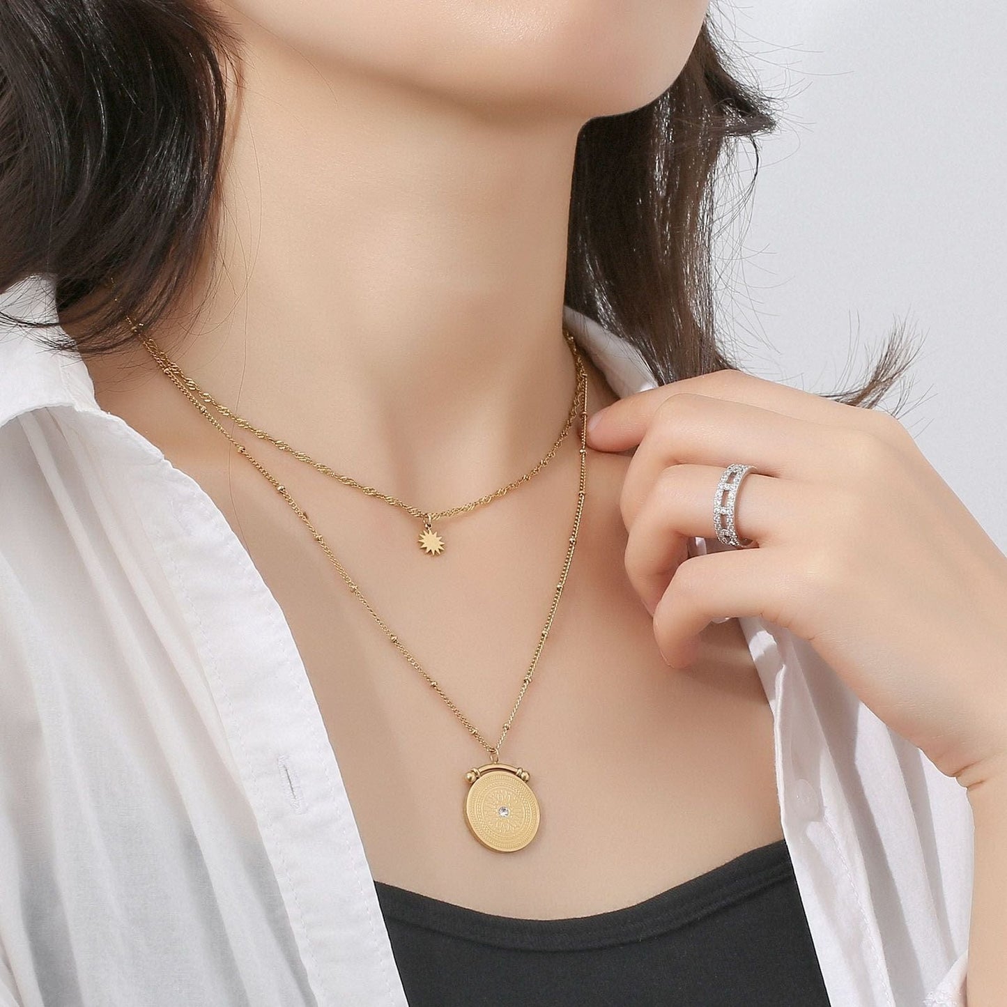 Wholesale Pendant Gold Layered Necklace | Star Pendant Twist Chain, Round Pendant Bead Necklace