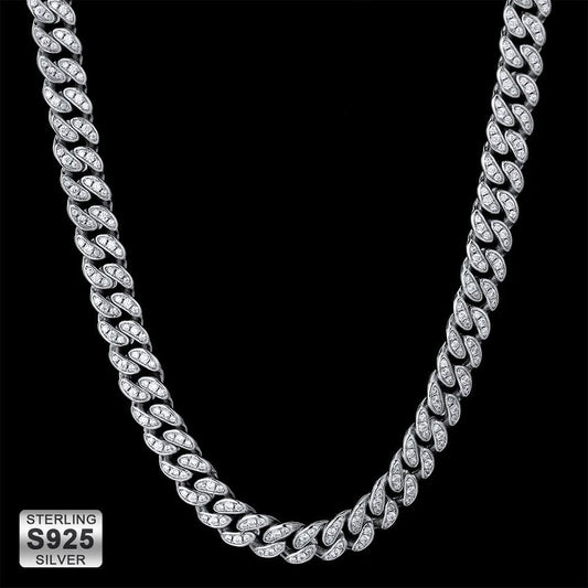 S925 Sterling Silver Iced Out Cuban Link Chain 8mm in White Gold