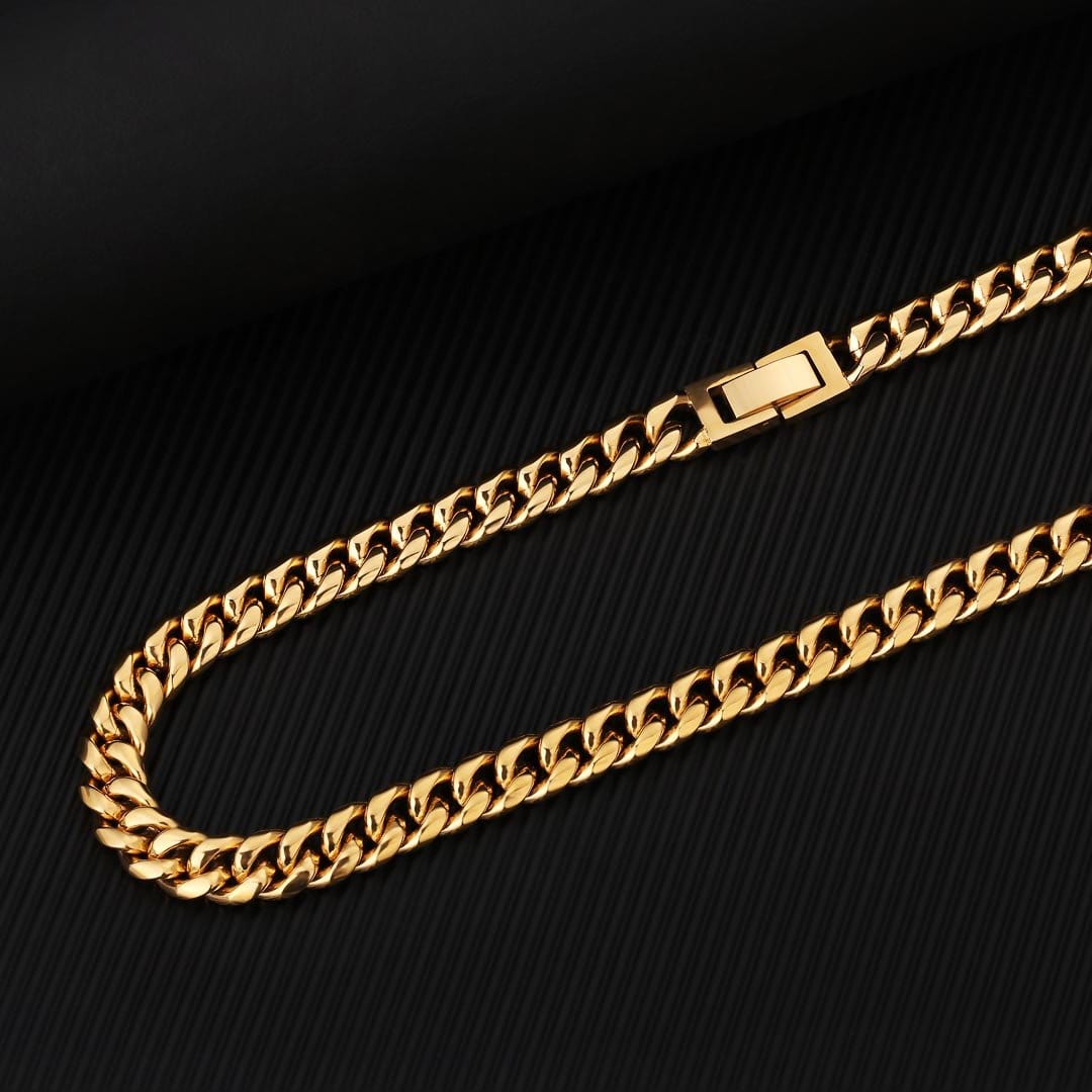 8mm Miami Cuban Link Chain In Stainless Steel With 18k Gold Plated