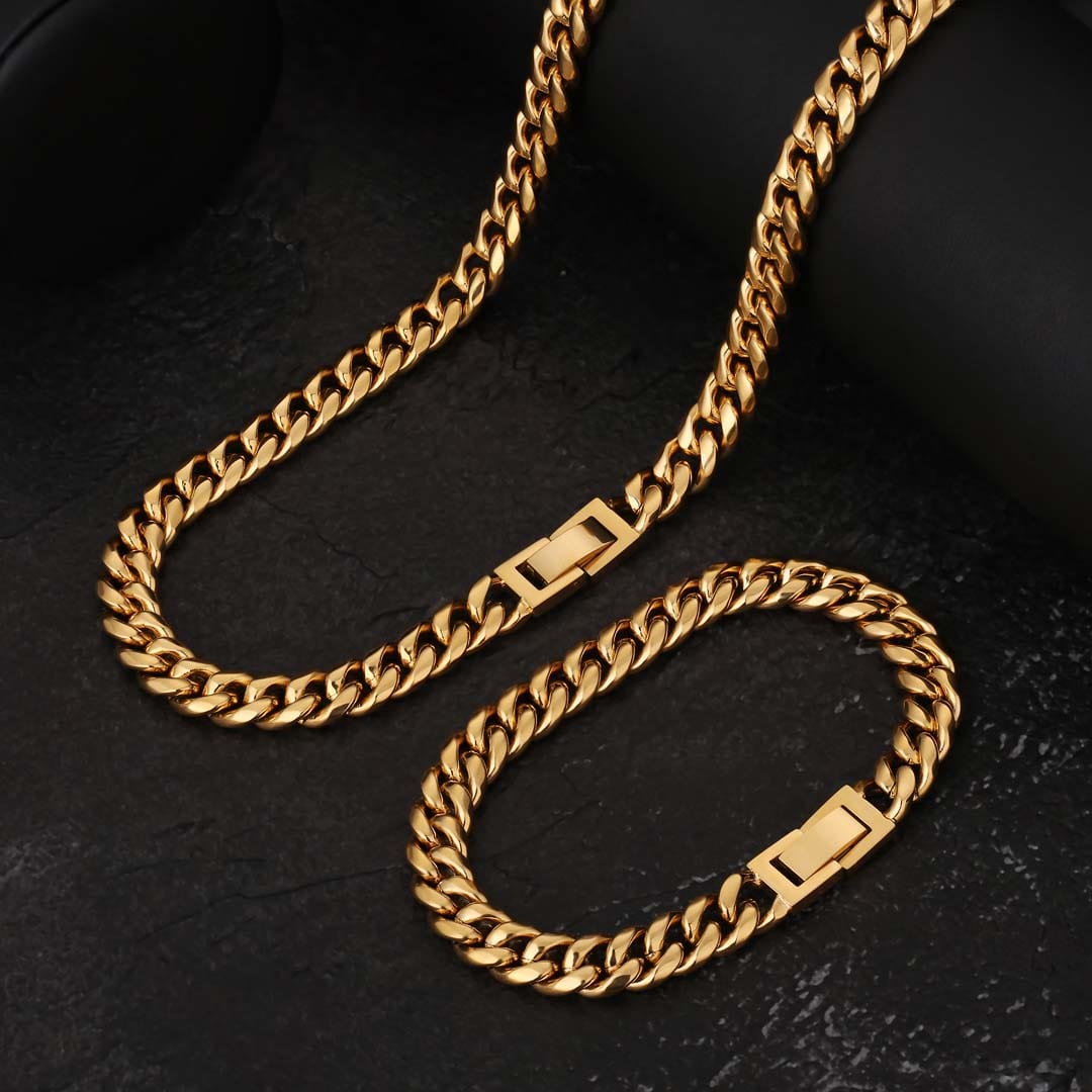 8mm Miami Cuban Link Chain In Stainless Steel With 18k Gold Plated