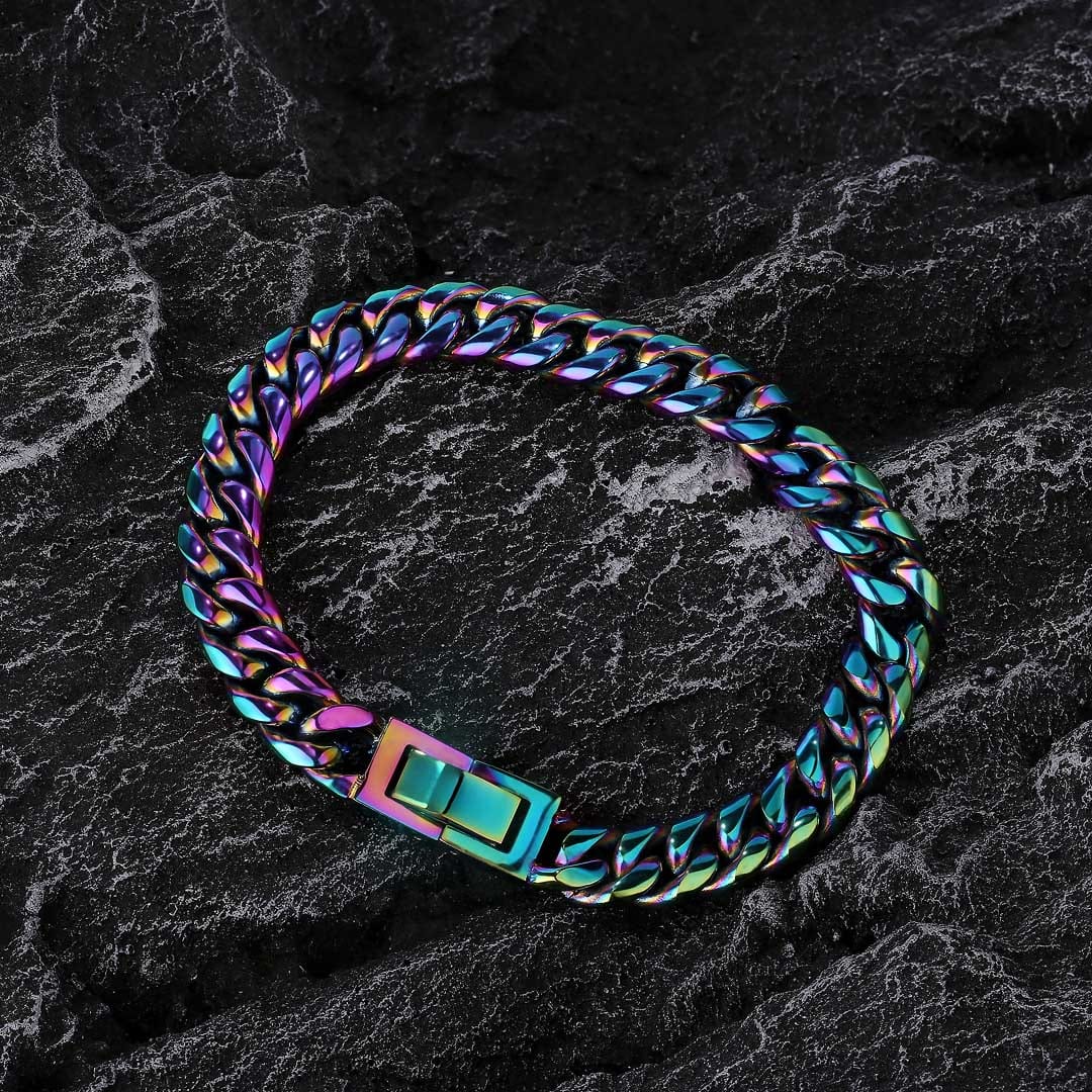 Wholesale Hip Hop Bracelets 10mm Rainbow Cuban Bracelet In Stainless Steel For Fashion Men's Jewelry