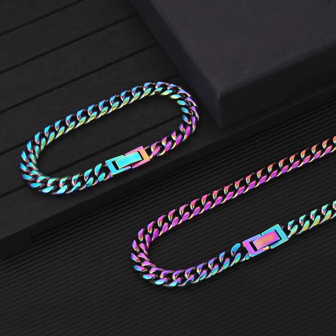 Wholesale Hip Hop Necklaces 8mm Stainless Steel Rainbow Color Cuban Link Fashion Necklace