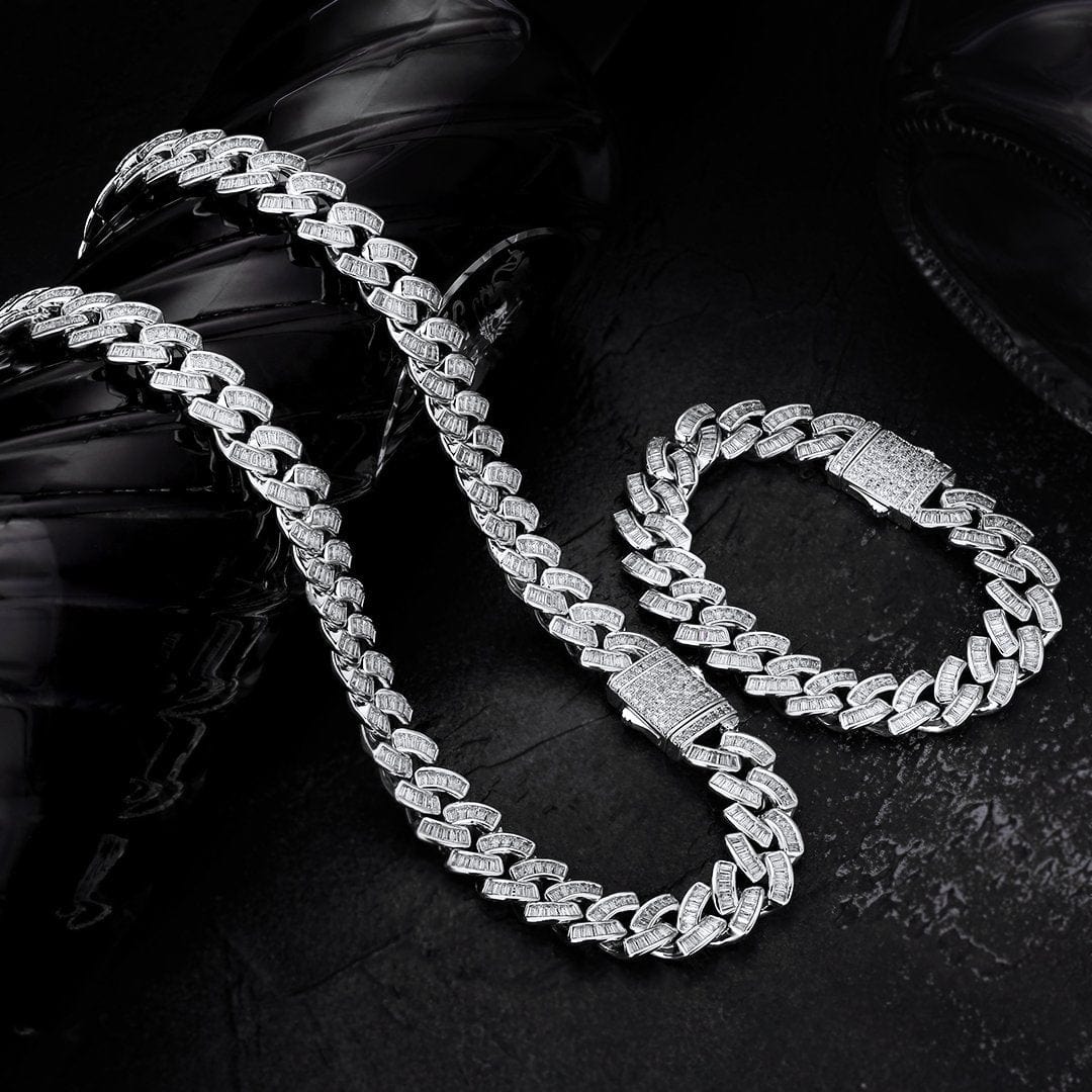 Wholesale Chains 12mm Cuban Link Necklace Plated White Gold Prong Setting