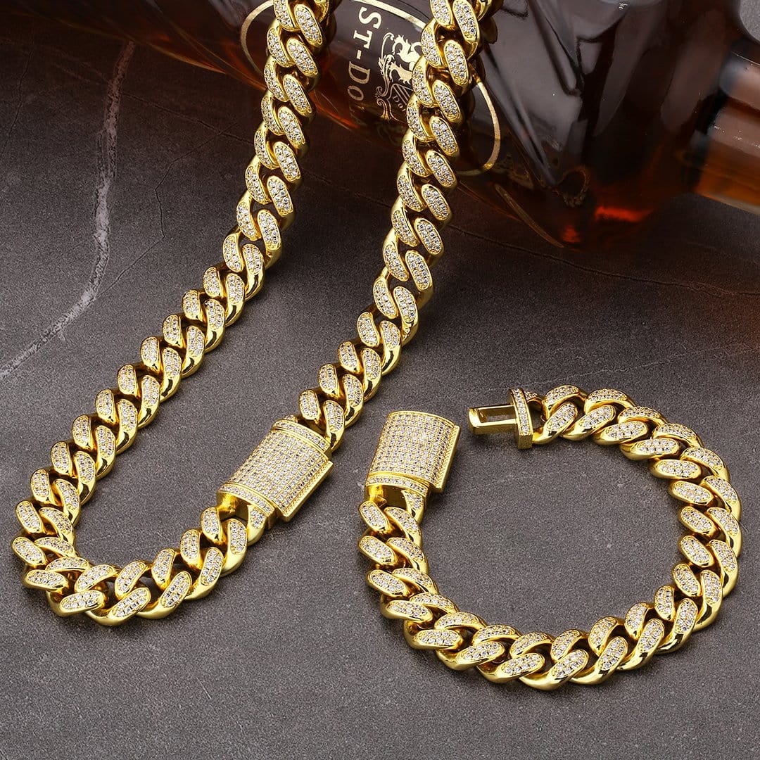 Wholesale Chains 12mm Cuban Link Necklace Plated White Gold Prong Setting