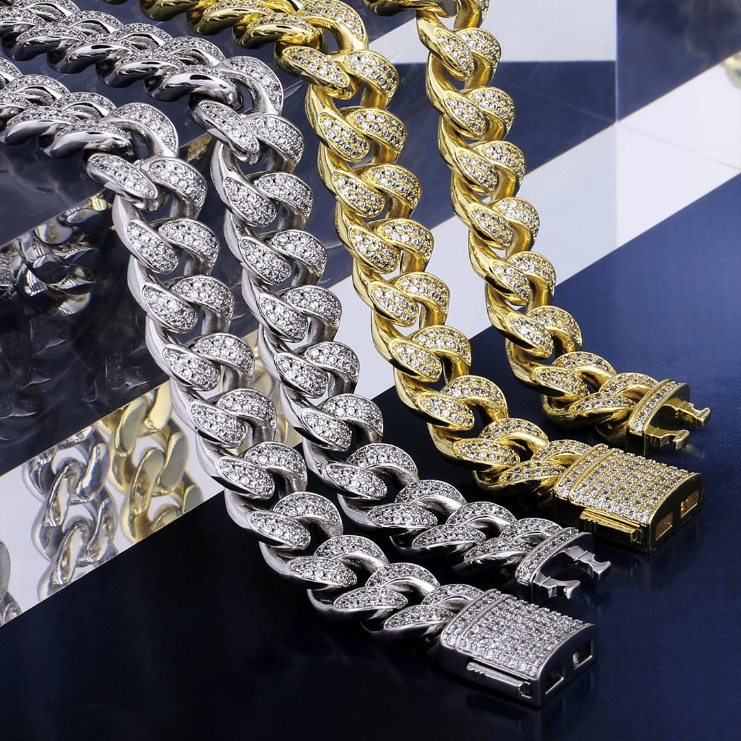 Wholesale Chains 12mm Cuban Link Necklace Plated White Gold Prong Setting