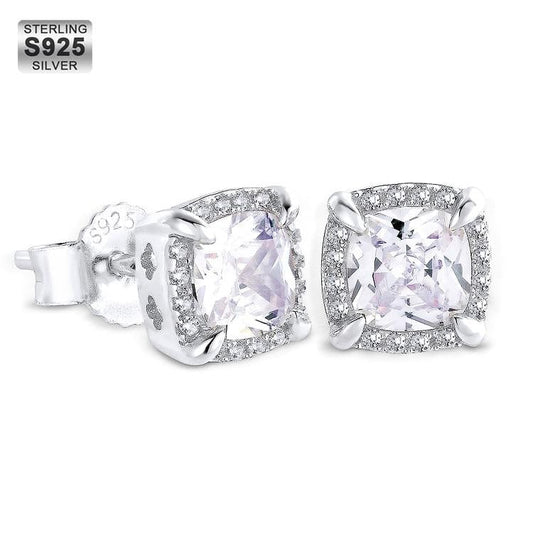 Wholesale 925 Sterling Silver Stud Earrings Iced Square Princess Cut Diamond CZ Stud Men's Earrings