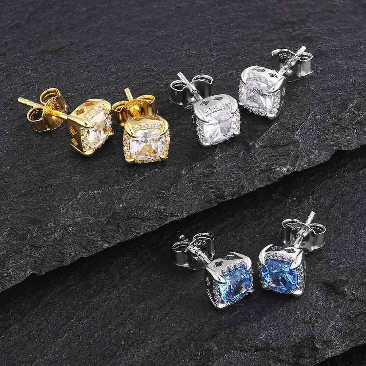 Wholesale 925 Sterling Silver Stud Earrings Iced Square Princess Cut Diamond CZ Stud Men's Earrings