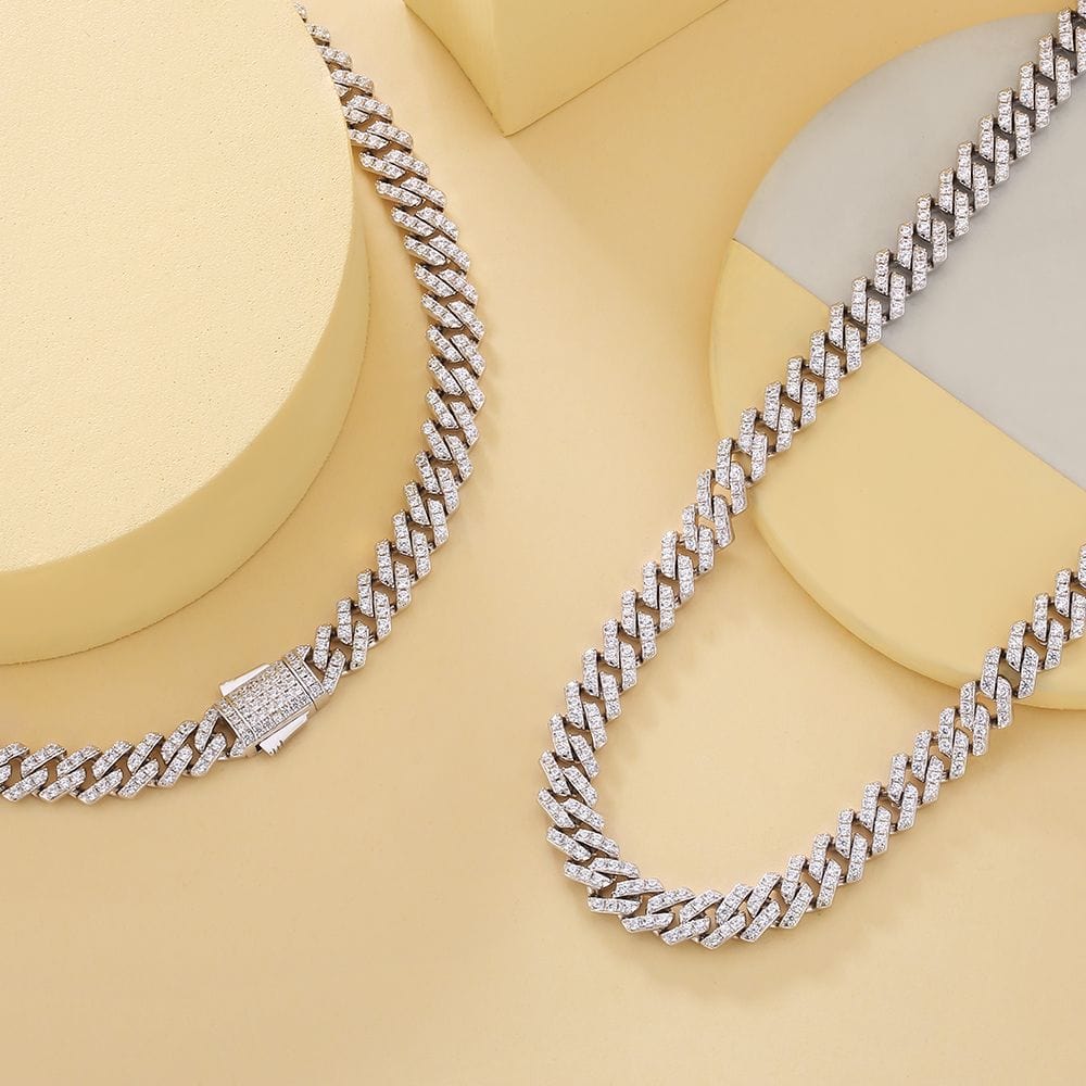 S925 Sterling Silver Iced Out Prong Link Choker 8mm Cuban Chain in White Gold for Women