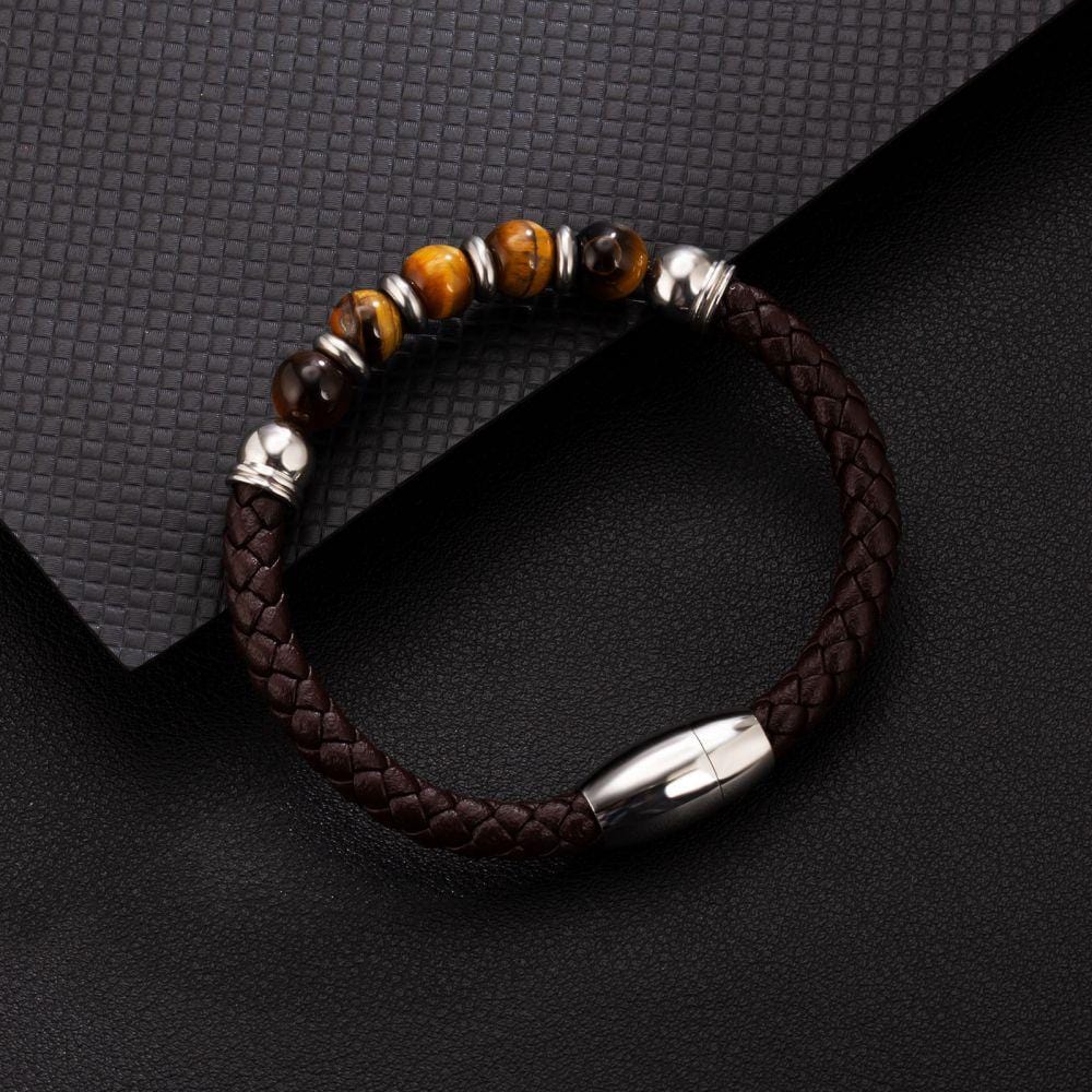 Wholesale Brown Leather Bracelet with Natural Tiger Eye Beaded