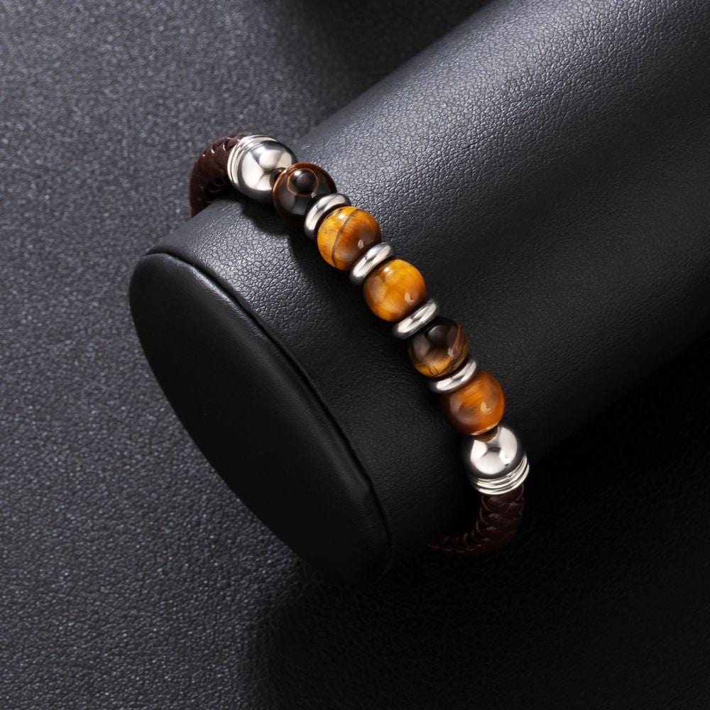 Wholesale Brown Leather Bracelet with Natural Tiger Eye Beaded