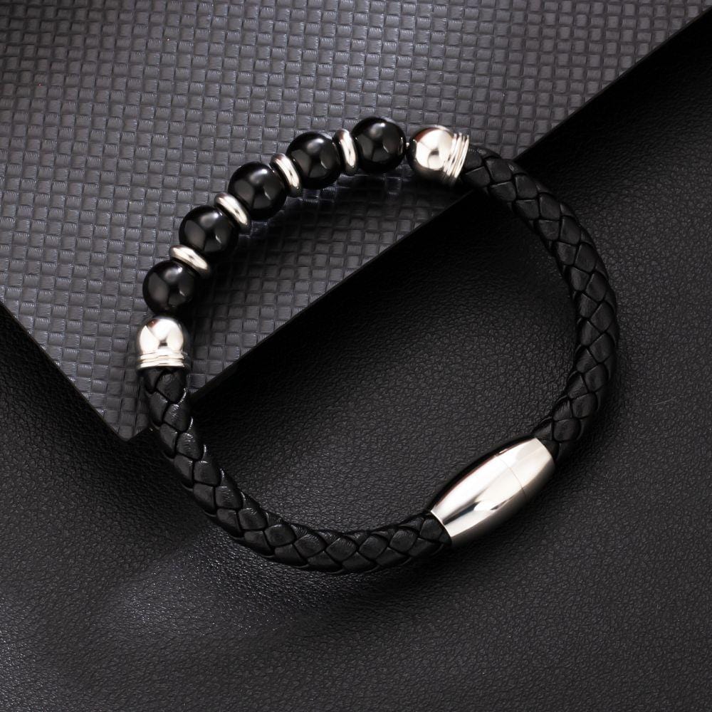 Wholesale Black Leather Bracelet with Natural Obsidian Stone Bead