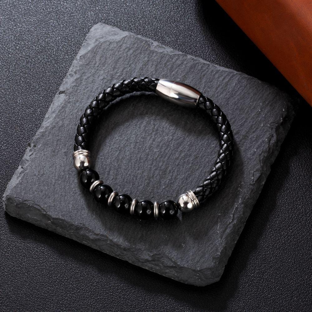 Wholesale Black Leather Bracelet with Natural Obsidian Stone Bead