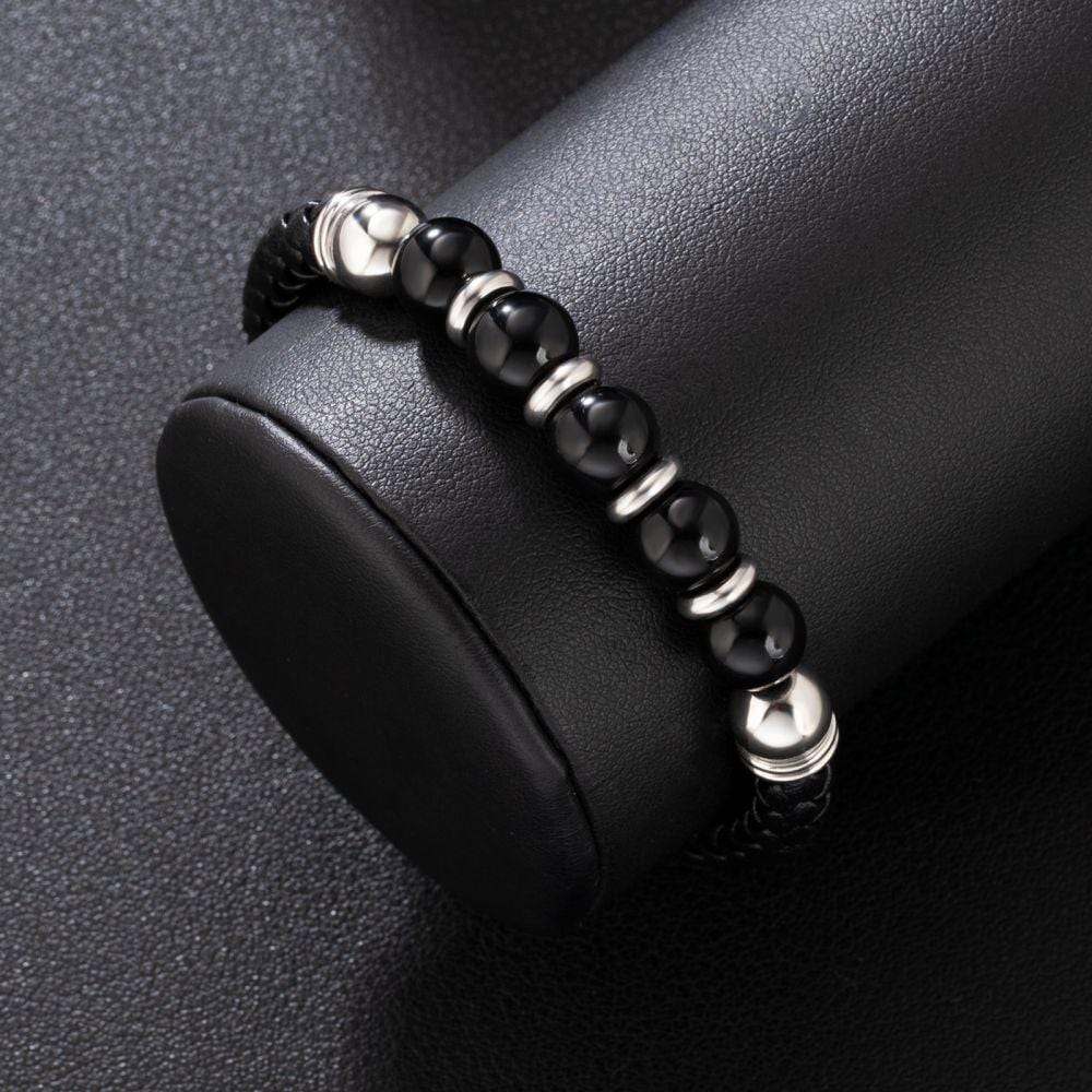 Wholesale Black Leather Bracelet with Natural Obsidian Stone Bead