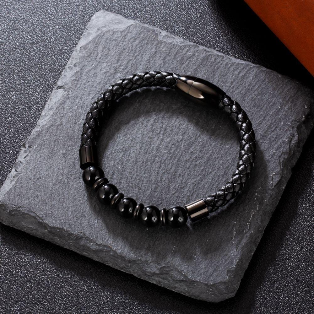 Wholesale Black Gold Leather Bracelet with Natural Obsidian Stone Bead