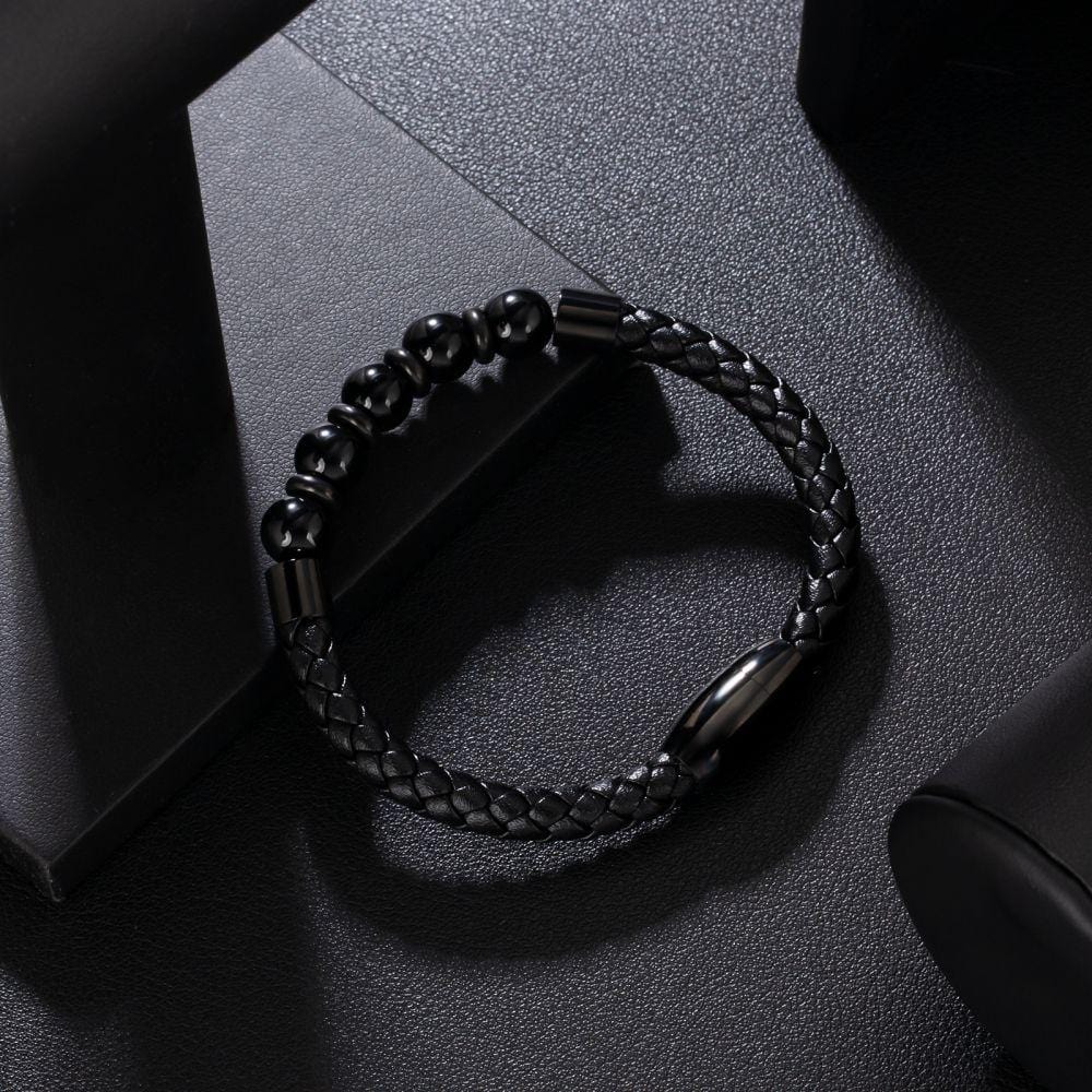 Wholesale Black Gold Leather Bracelet with Natural Obsidian Stone Bead