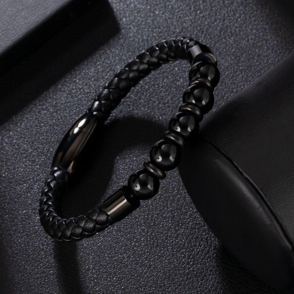 Wholesale Black Gold Leather Bracelet with Natural Obsidian Stone Bead