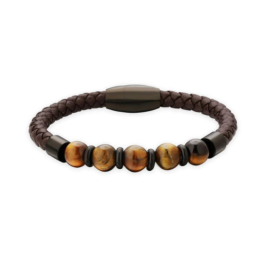 Wholesale Black Gold Leather Bracelet with Natural Tiger Eye Beaded