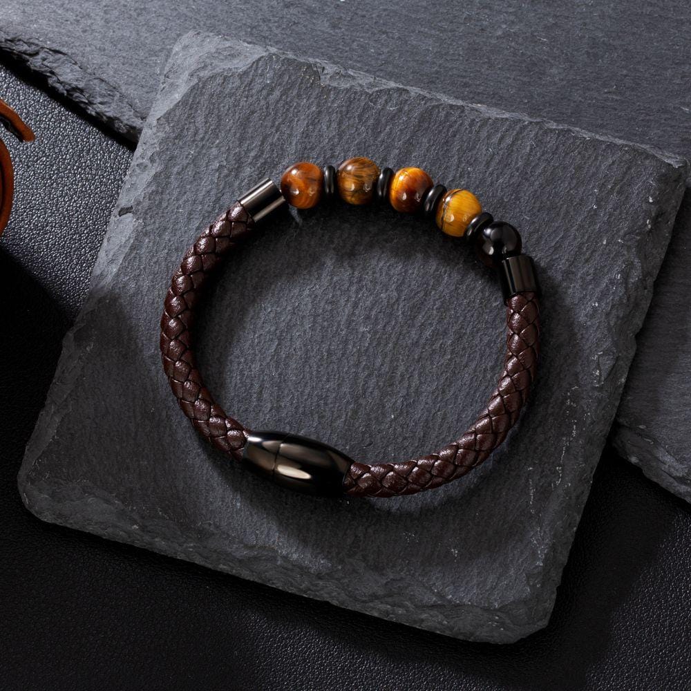 Wholesale Black Gold Leather Bracelet with Natural Tiger Eye Beaded