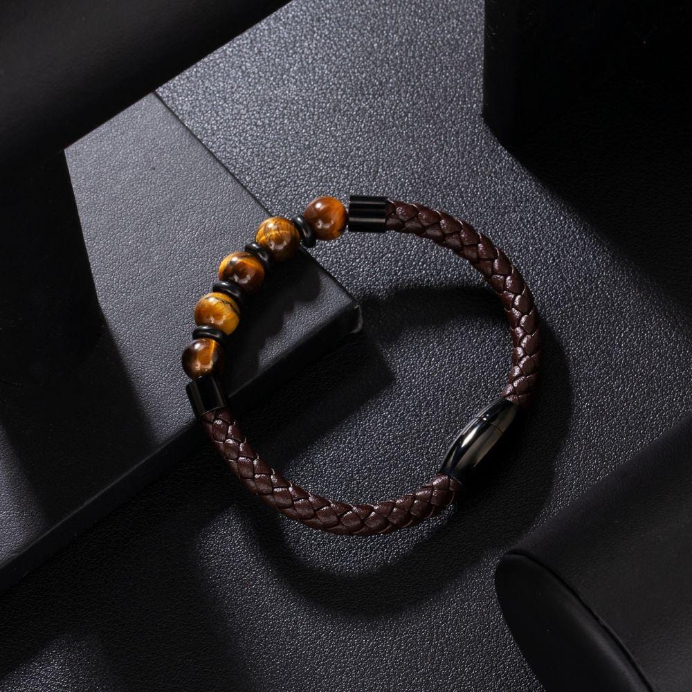 Wholesale Black Gold Leather Bracelet with Natural Tiger Eye Beaded