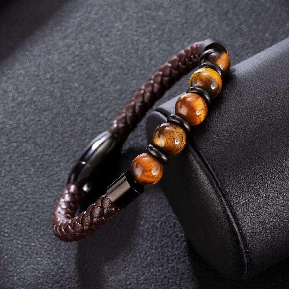 Wholesale Black Gold Leather Bracelet with Natural Tiger Eye Beaded