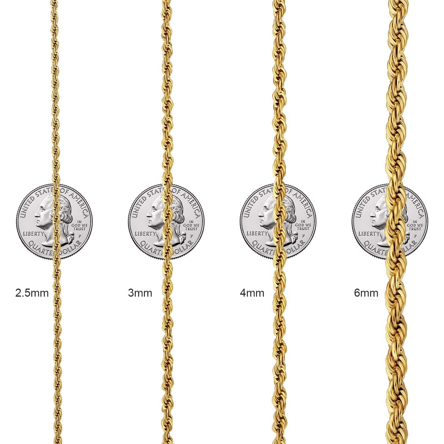 Wholesale Mens Rope Chain Stainless Steel 4mm in 18K Gold