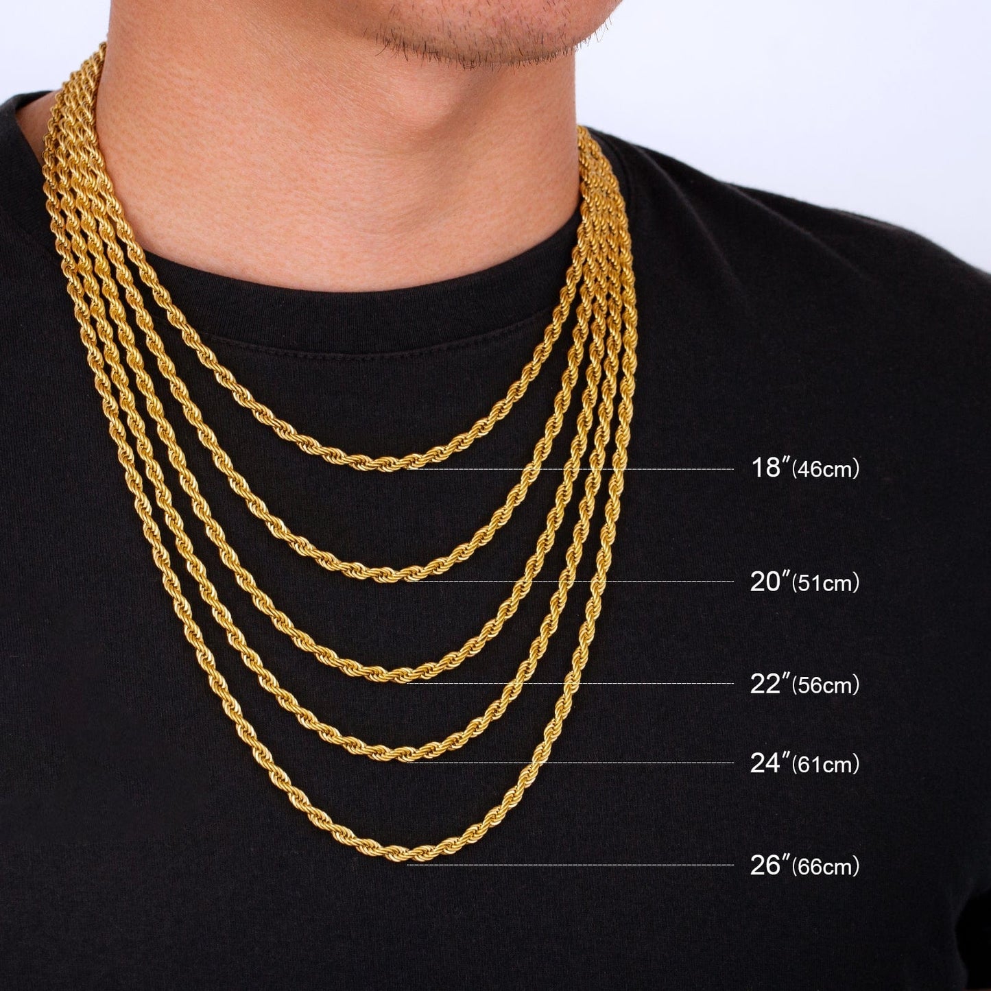 Wholesale Mens Rope Chain Stainless Steel 4mm in 18K Gold