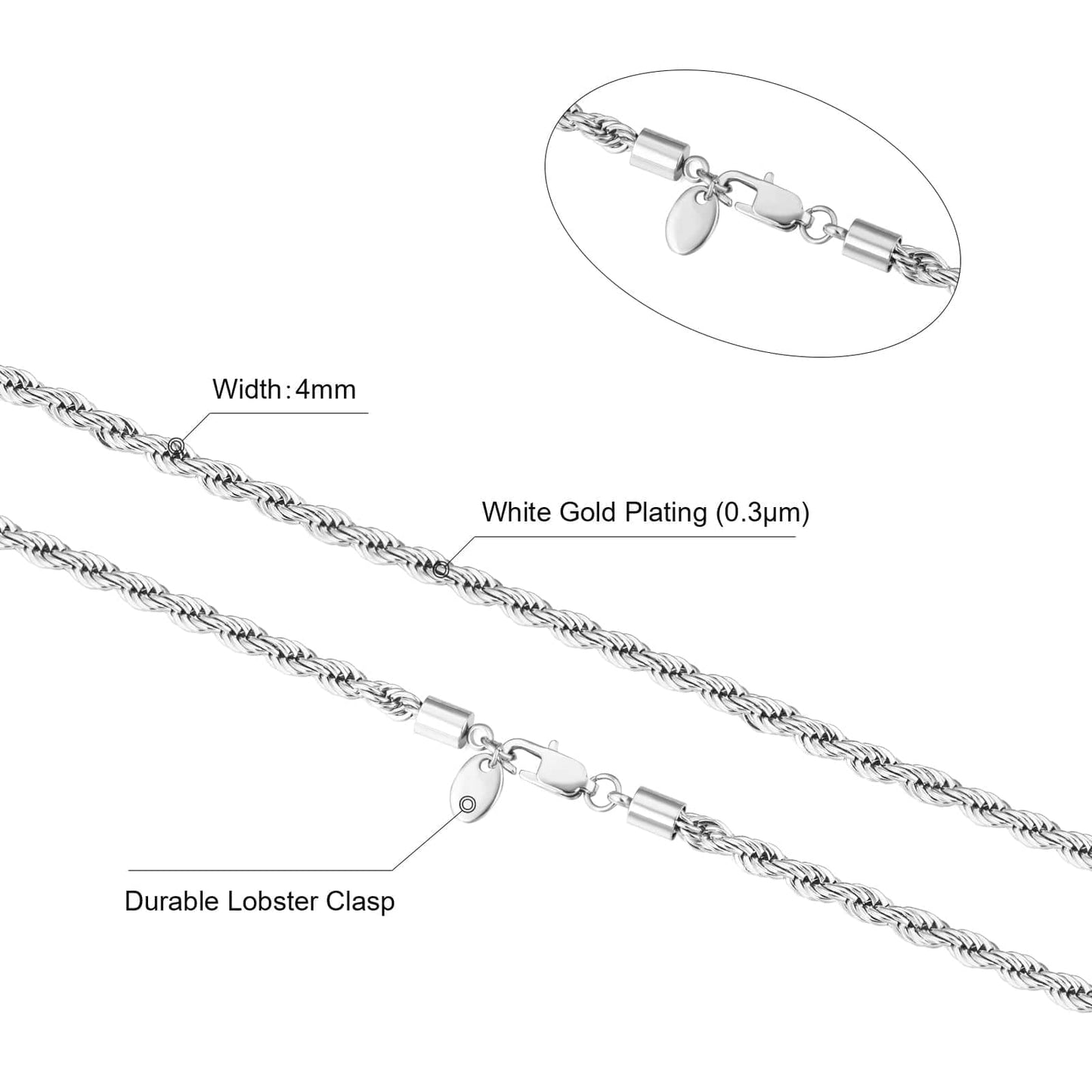 Wholesale Mens Rope Chain Stainless Steel 4mm in White Gold